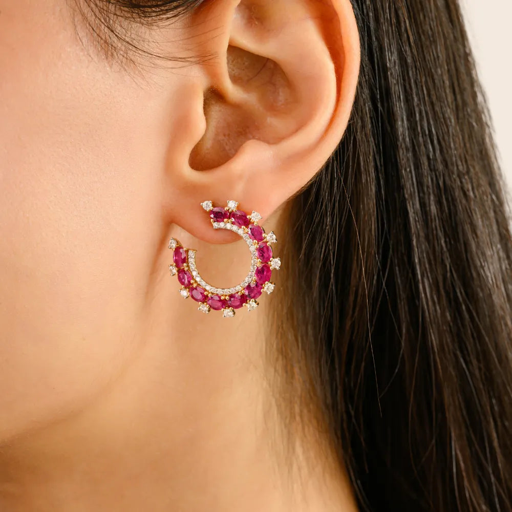 Statement Jewelry Ruby & Diamond Half Circle Wedding Earrings Handmade 14K Yellow Gold