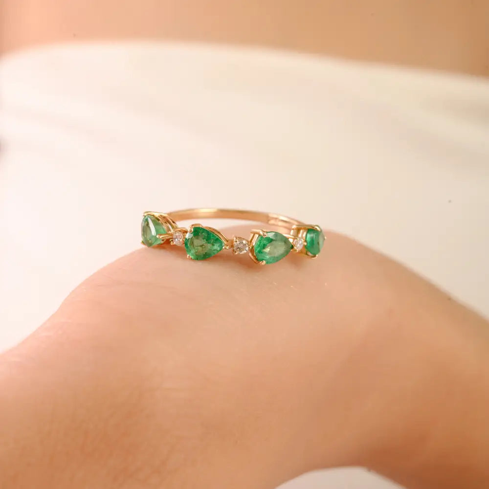 5x4 mm Pear Cut Emerald & Diamond Stackable Half Eternity Band Ring 14K Solid Yellow Gold