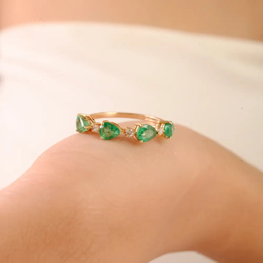 5x4 mm Pear Cut Emerald & Diamond Stackable Half Eternity Band Ring 14K Solid Yellow Gold