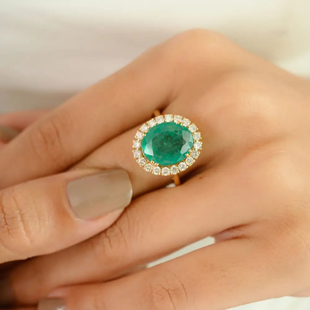 5ct. Zambian Emerald & Diamond Real 14K Yellow Gold Cluster Ring Bold Bridal Jewelry