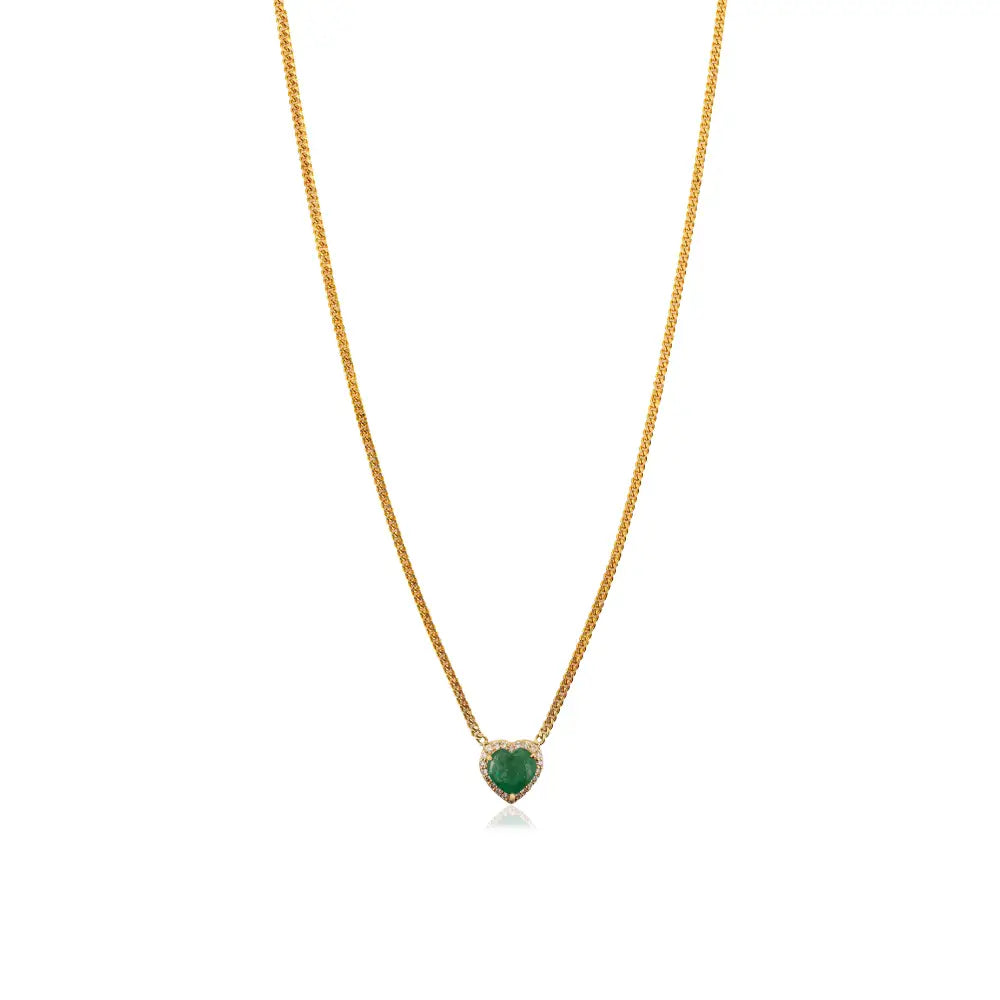 Heart Shape Gemstone Emerald & Diamond Cuban Chain Pendant Necklace 14K Solid Yellow Gold