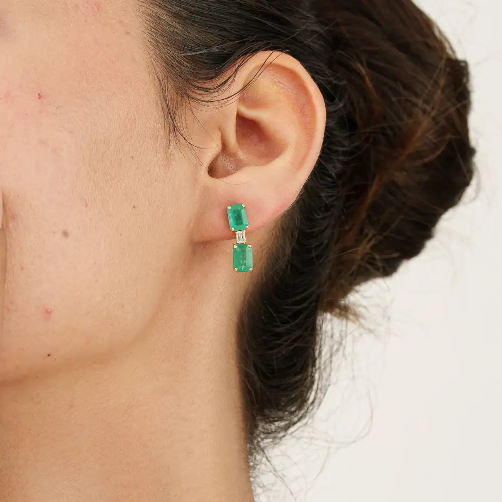Octagon Cut Emerald & Diamond Drop Earrings K14 Yellow Gold Women Wedding Jewelry