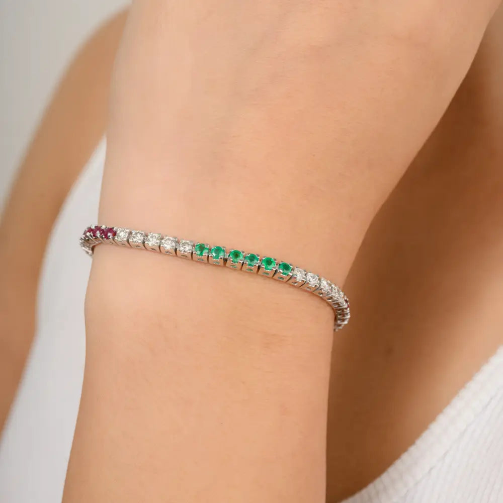 Genuine Emerald Ruby & Diamond Solid 18k White Gold Sleek Tennis Bracelet Fine Jewelry