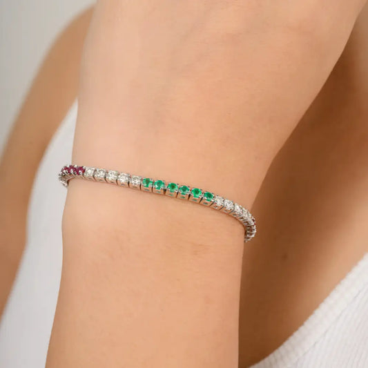 Genuine Emerald Ruby & Diamond Solid 18k White Gold Sleek Tennis Bracelet Fine Jewelry