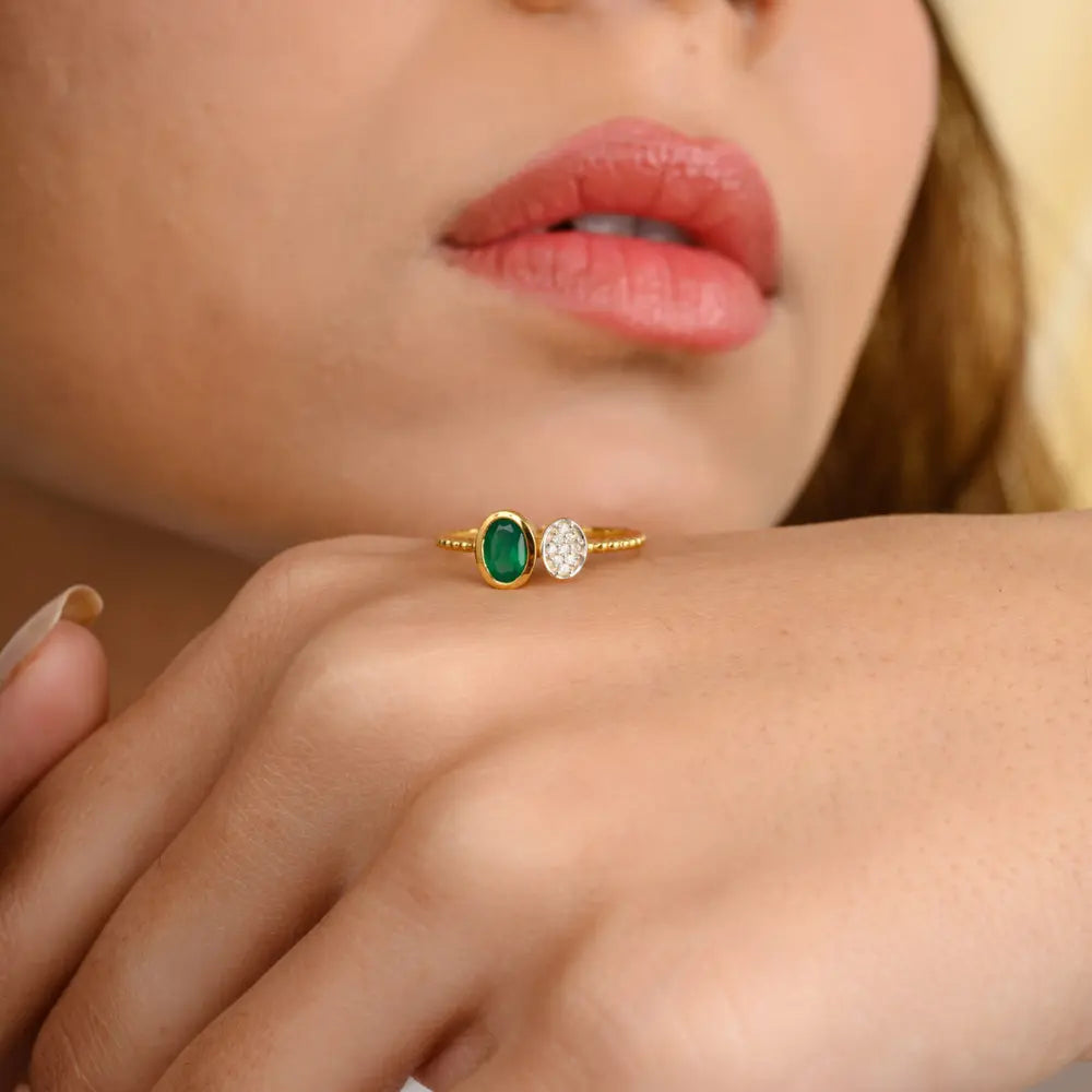 Natural Precious Gemstone Emerald & Diamond 18K Solid Gold Ring