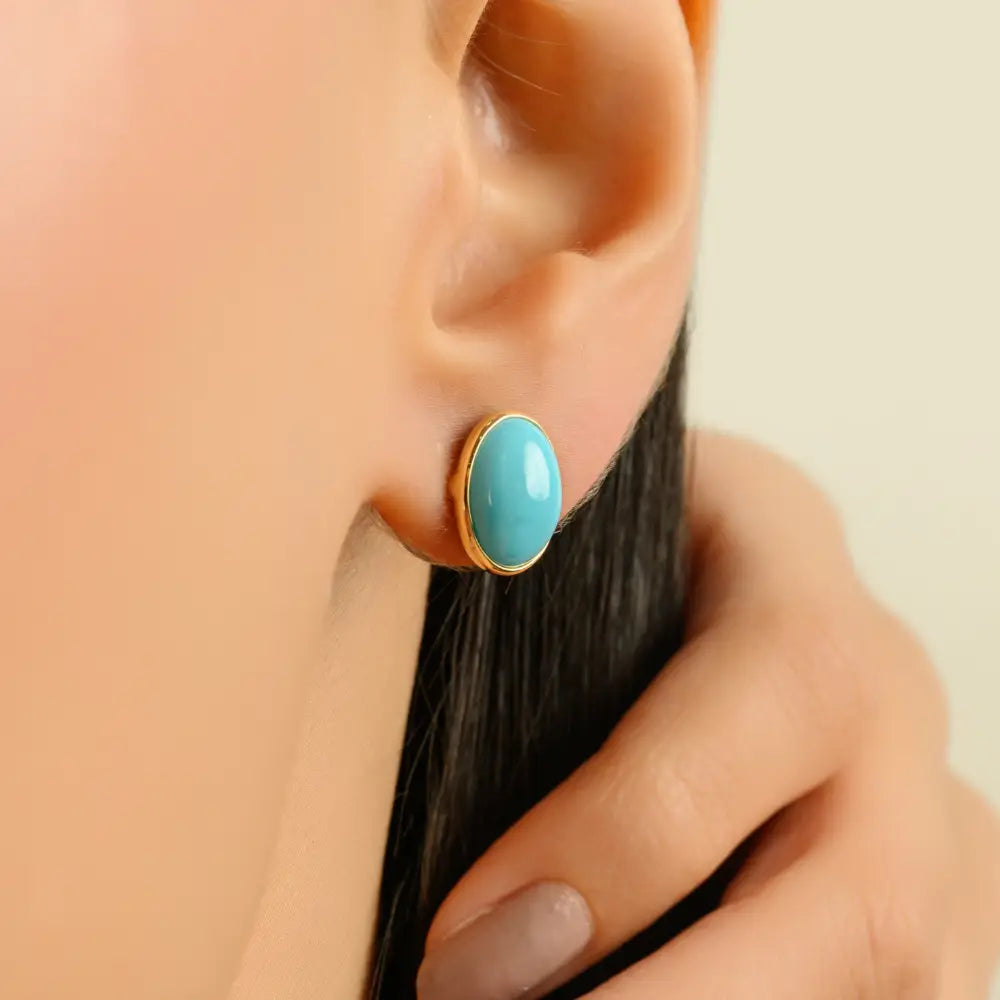 Cabochon Gemstone Turquoise Stud Earrings K18 Real Yellow Gold Custom Jewelry Supplier