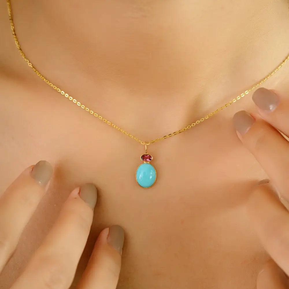 Elegant Design Turquoise & Pink Tourmaline K18 Yellow Gold Two Stone Minimal Pendant