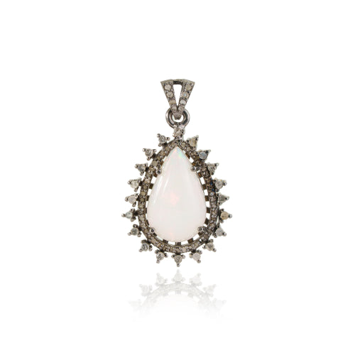 5CTW Pear Shape Natural Opal & Diamond Halo Pendant Fine Jewelry In 925 Sterling Silver