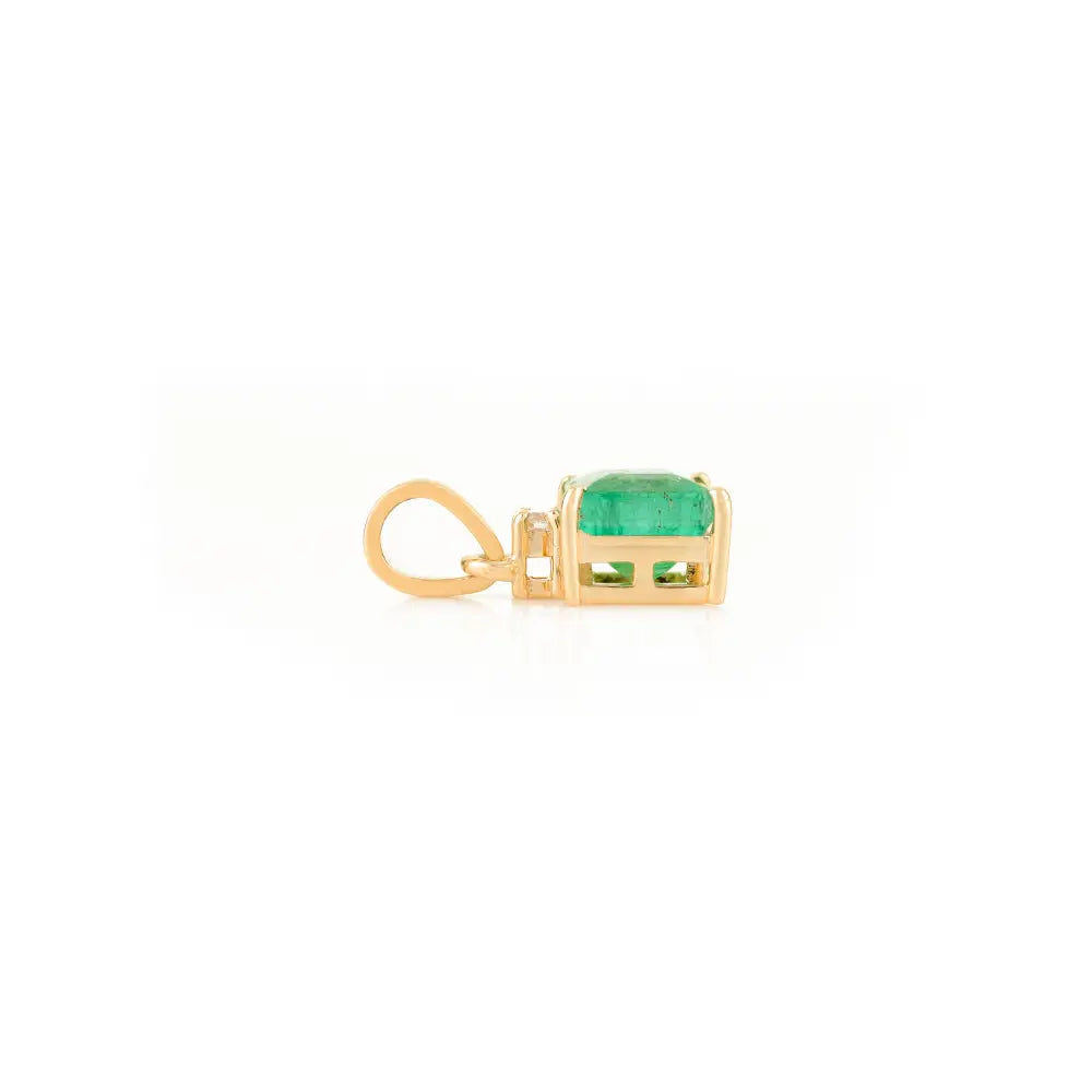 Square Cut Emerald & Round Diamond Minimal Pendant Fine Solid K14 Yellow Gold Jewelry