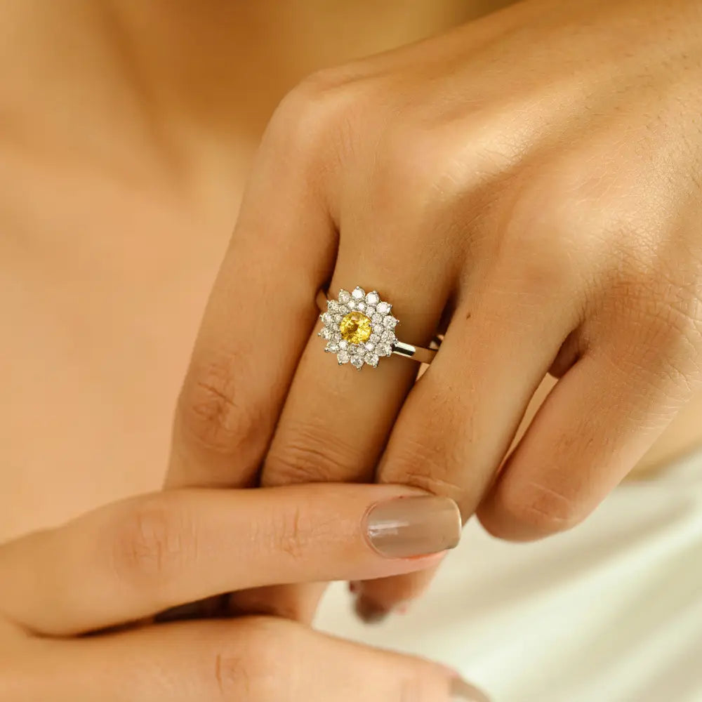 Trending Yellow Sapphire & Diamond Double Cluster Engagement Ring 14K Pure White Gold