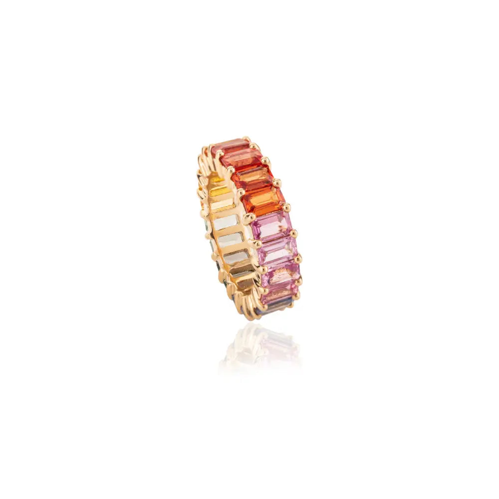 Octagon Shape Multi Gemstone 18K Solid Yellow Gold Full Eternity Band Ring