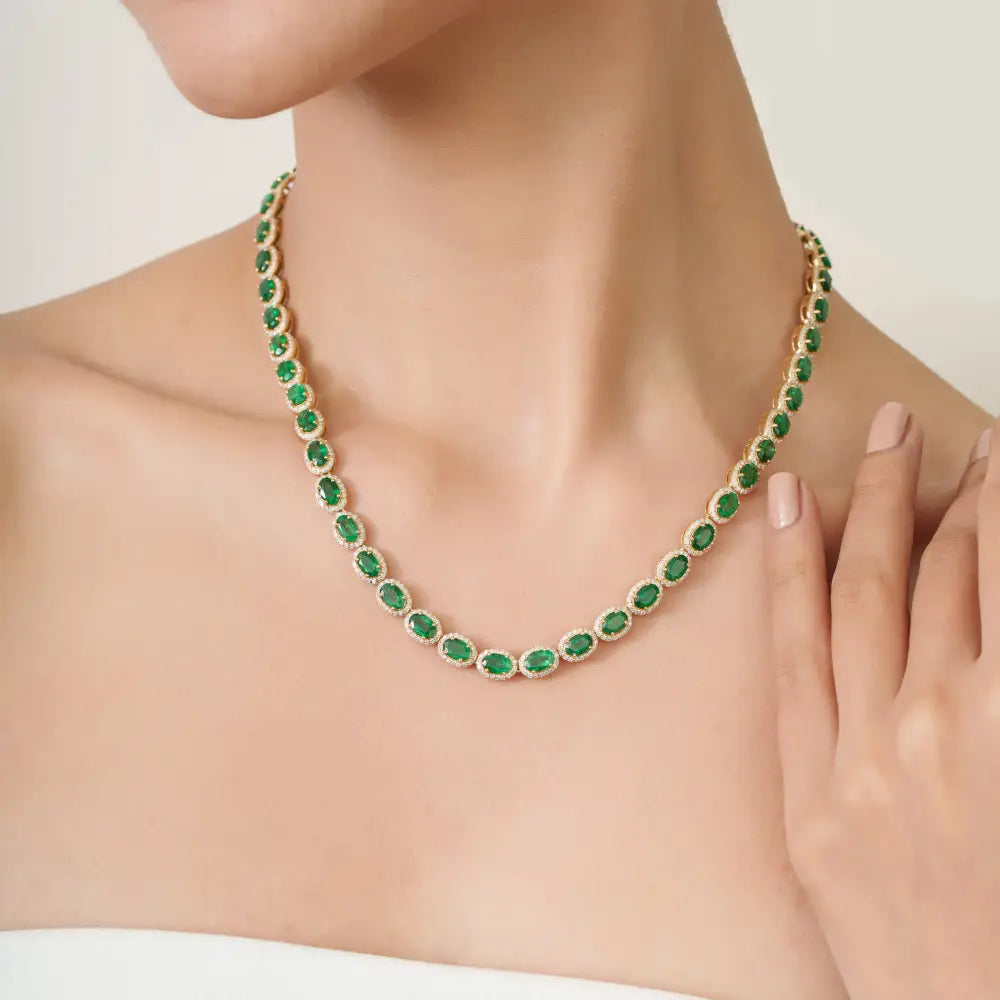 Luxurious 22.13 Ct. Emerald & Diamond Halo Tennis Necklace K18 Yellow Gold Wedding Jewelry