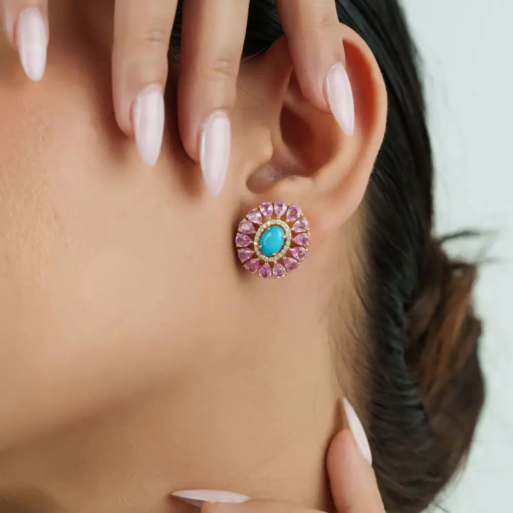 Women's Trendy 14K Yellow Gold Turquoise Pink Sapphire & Diamond Flower Stud Earrings