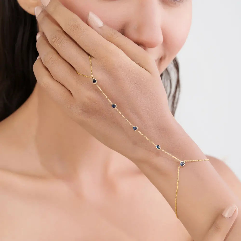 Elegant Classic Design Heart Shape Blue Sapphire Hand Chain Bracelet Women's Jewelry 14K Yellow Gold