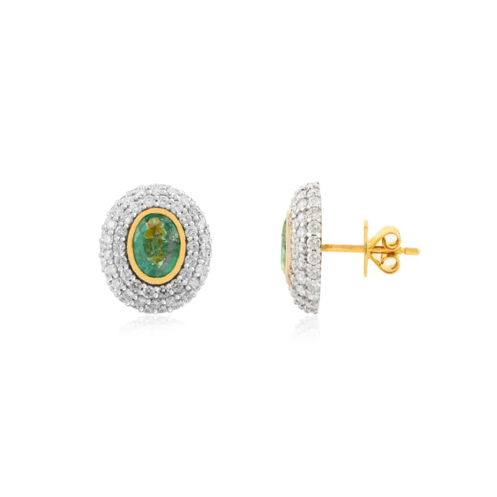 High Quality Emerald & Diamond Double Halo Stud Earrings 14K Gold Statement Jewelry