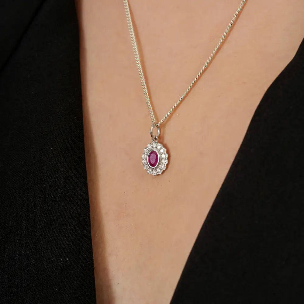 Precious Gemstone Ruby & Diamond Solid 14K White Gold Small Cluster Pendant Anniversary Gift