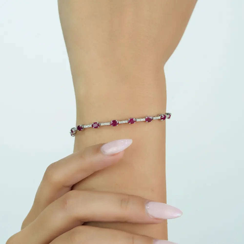 Precious Gemstone 14K White Gold Ruby & Diamond Sleek Tennis Bracelet Stackable Jewelry