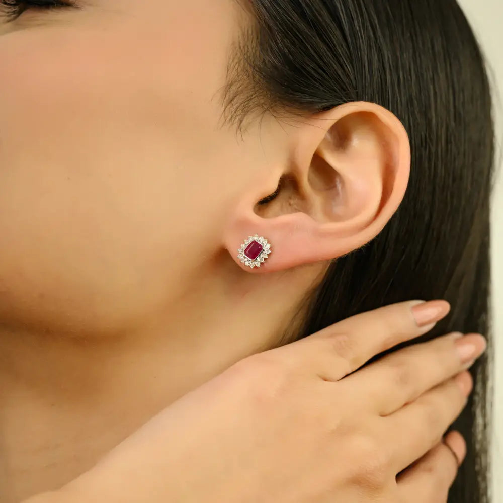 Octagon Shape Ruby & Round Cut Diamond Cluster Halo Stud Earrings 14K Gold Women Jewelry