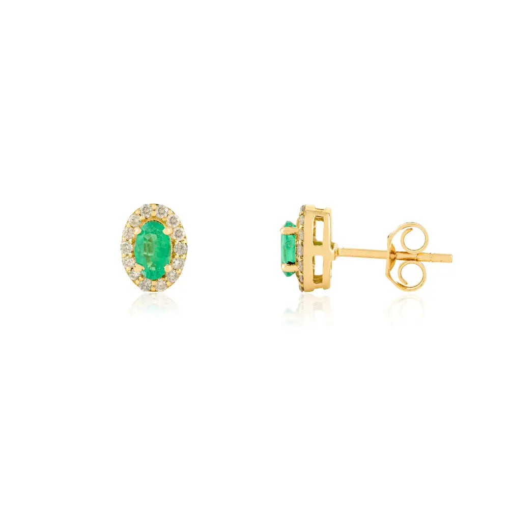 Stunning Minimal Emerald & Diamond Halo Small Stud Earrings Real K18 Yellow Gold Jewelry