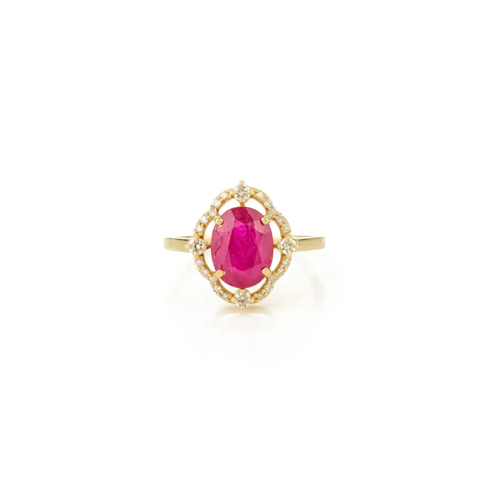 Unique Design 14K Real Yellow Gold Ruby & Diamond Engagement Ring Trending Fine Jewelry