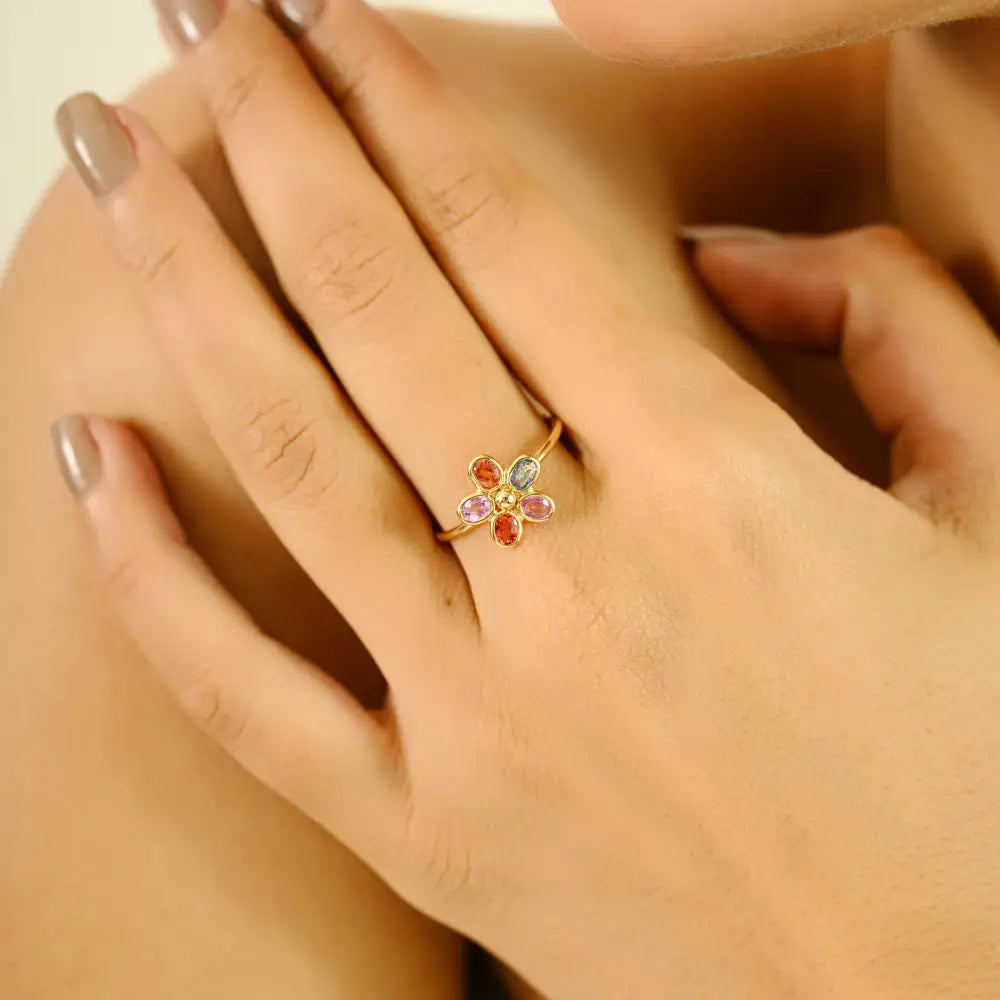 Stacking Design Bezel Set Multi Sapphire Flower Shape Ring Minimal Jewelry 14K Yellow Gold