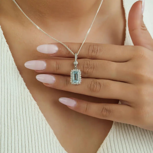 Fine Aquamarine & Diamond K14 White Gold Openable Lock Cluster Pendant March Birthstone