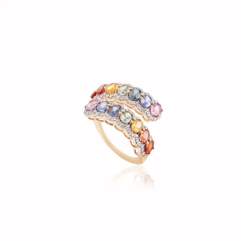 Rainbow Multi Sapphire & Diamond K14 Yellow Gold Statement Bypass Ring For Wedding