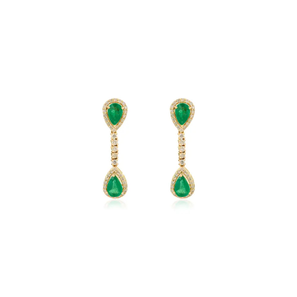 Halo Set Emerald & Diamond Pure 14K Yellow Gold Drop Earrings For Women Gemstone Jewelry