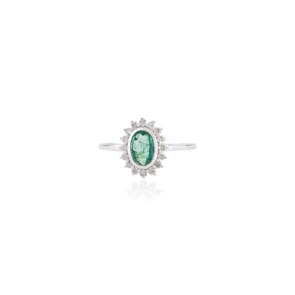 Bezel Set Emerald & Diamond Precious Gemstone Cluster Ring 14K Pure White Gold Fine Jewelry