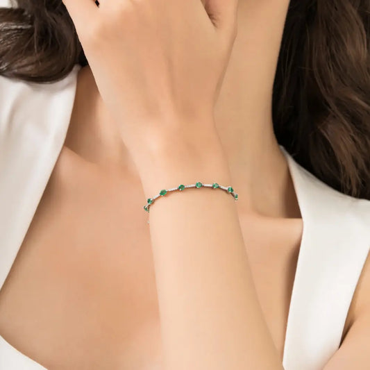 Zambian Emerald & Diamond Stackable 14K Pure White Gold Sleek Tennis Bracelet Fine Jewelry