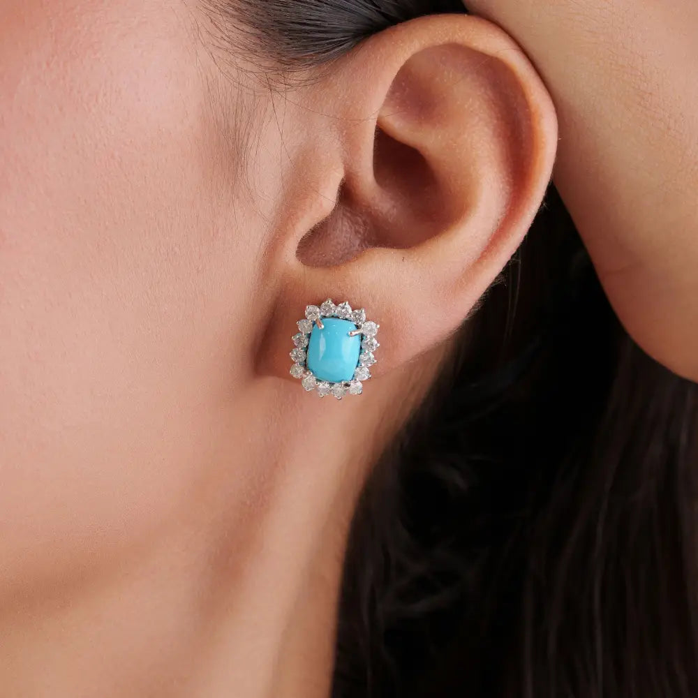 14K White Gold 9x7mm Octagon Cut Turquoise & Diamond Cluster Stud Earrings Bulk Jewelry