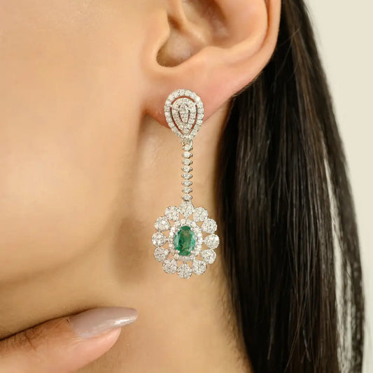 Statement Fine Jewelry Natural Emerald & Diamond Dangle Earrings Real K14 White Gold