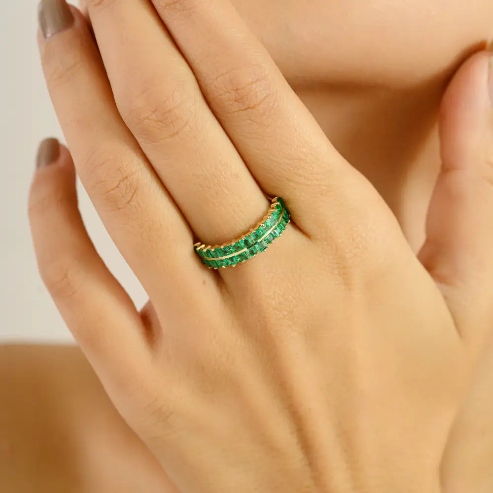 Solid K14 Yellow Gold Emerald Double Row Half Eternity Band Ring May Birthstone Jewelry
