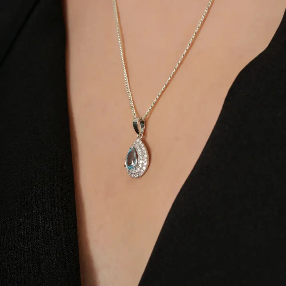 Trending Aquamarine & Diamond Pear Shape Double Cluster Pendant 14K Real White Gold