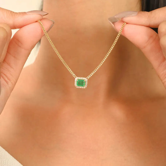 Emerald & Diamond Cuban Chain Single Stone Halo Pendant Necklace 14K Gold Stack Jewelry