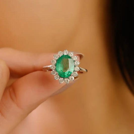Prong Set Emerald & Diamond Cluster Ring 14K White Gold Engagement Jewelry May Birthstone