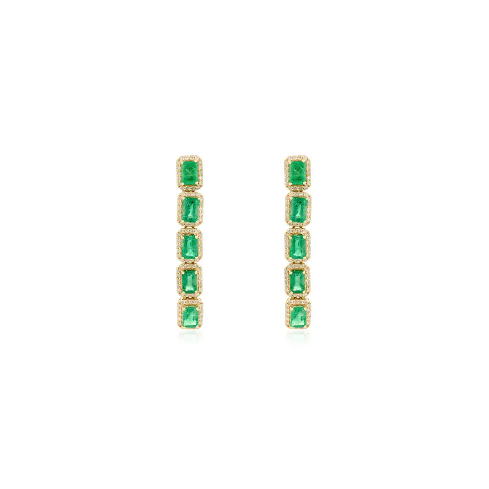 New Trendy Genuine Emerald & Diamond Long Dangle Earrings 14K Gold Luxury Jewelry