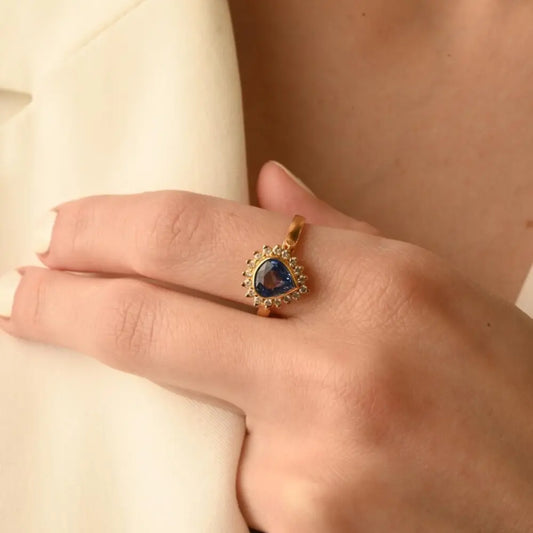 Handmade Natural Blue Sapphire & Diamond 18K Solid Yellow Gold Birthstone Ring