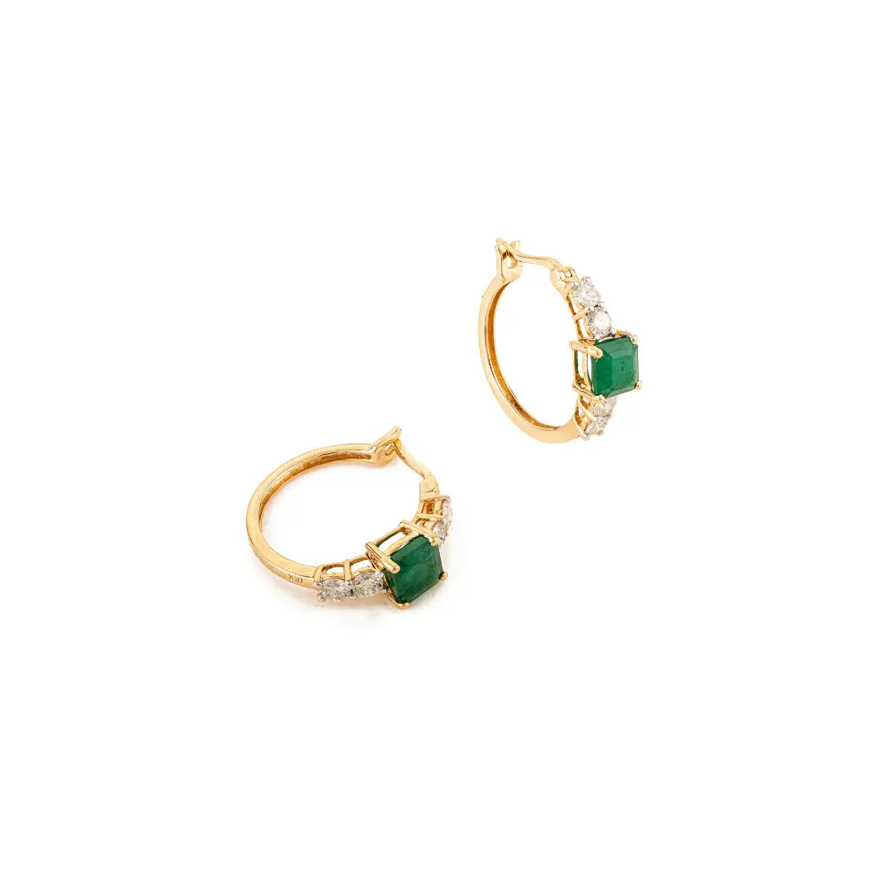 Square Emerald & Round Cut Diamond 18K Solid Gold Fine Hoop Earrings High Quality Jewelry