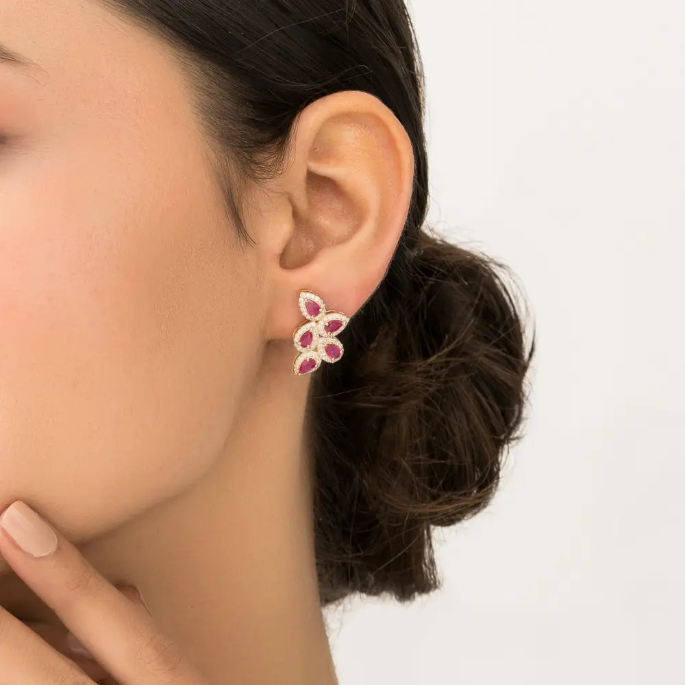New Stylish 14K Real Yellow Ruby & Diamond Wings Shape Halo Stud Earrings Fine Jewelry