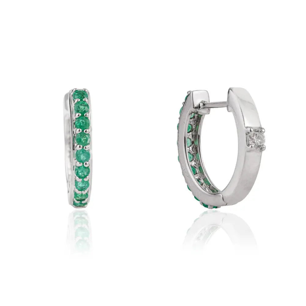 Precious Gemstone Jewelry Solid K18 White Gold Emerald & Diamond Huggie Hoop Earrings
