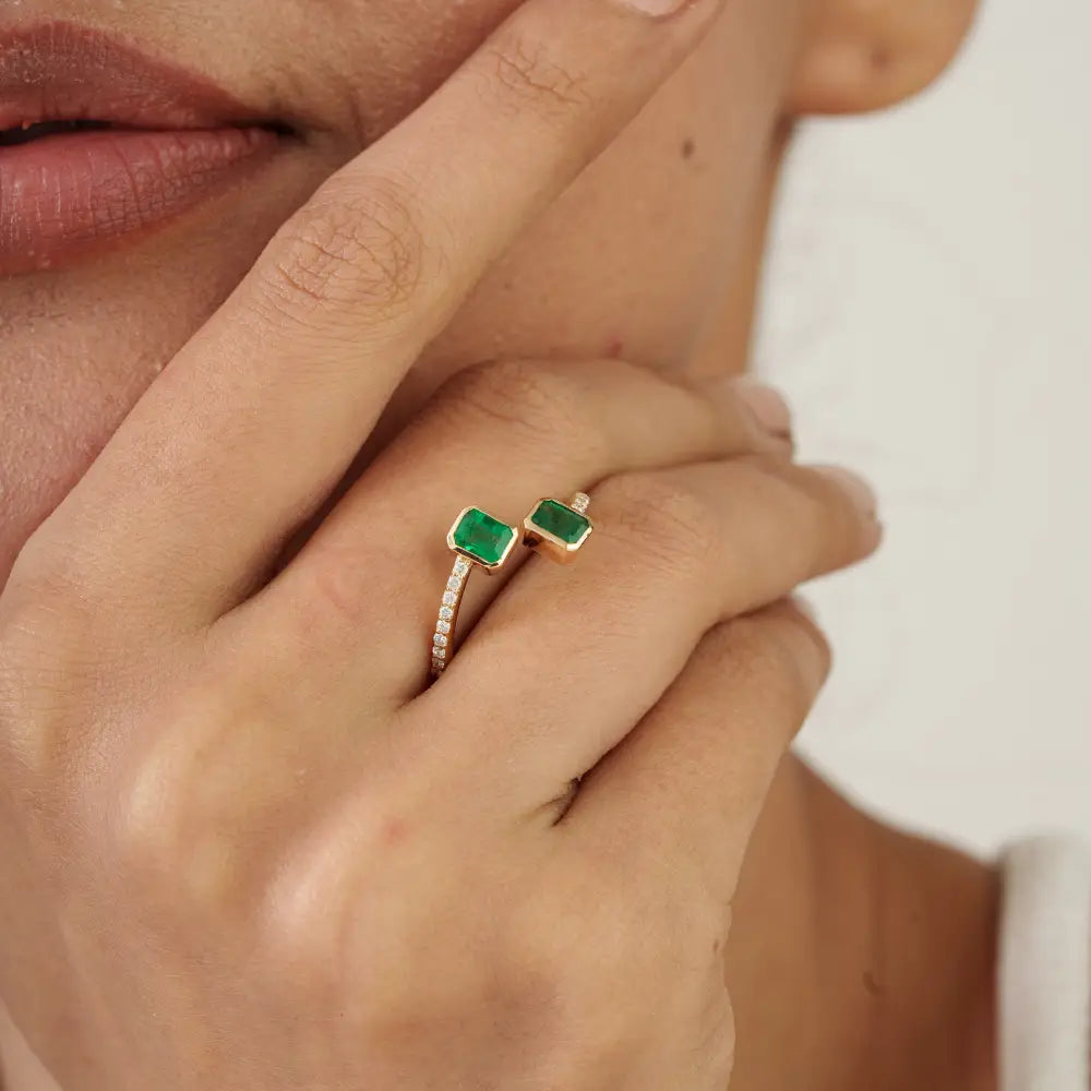 4x5 mm Octagon Cut Emerald & Diamond Open Bypass Ring Minimal 14K Yellow Gold Jewelry