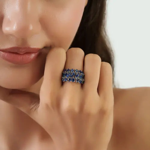Beautiful Three Row Natural Blue Sapphire Handmade 925 Sterling Silver Ring For Women's