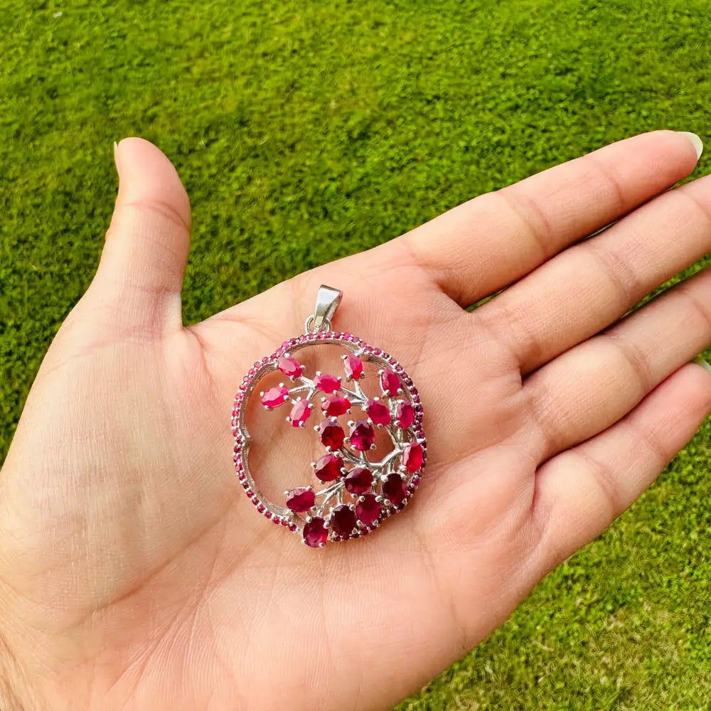 925 Sterling Silver Genuine Ruby Tree Of Life Statement Pendant Necklace Wholesale Jewelry