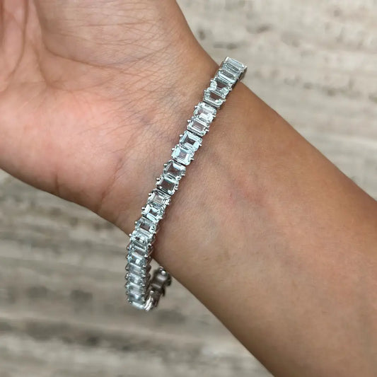 Personalized 925 Sterling Silver Jewelry Real Aquamarine Tennis Bracelet For Women Prong Setting