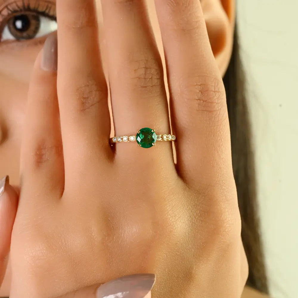 5.6 MM Round Gemstone Emerald & Diamond Engagement Ring Everyday Jewelry 14K Yellow Gold