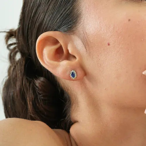 High Quality Blue Sapphire & Diamond 925 Sterling Silver Halo Stud Earrings For Women's
