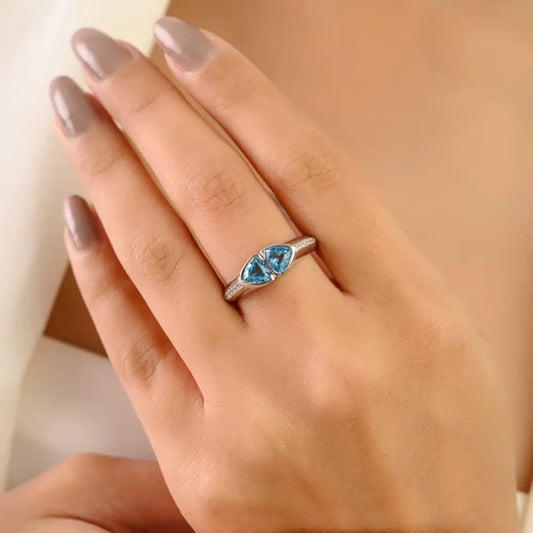 Unique Design Sterling Silver Trillion Cut Blue Topaz Twin Stone Bezel Set Elegant Ring
