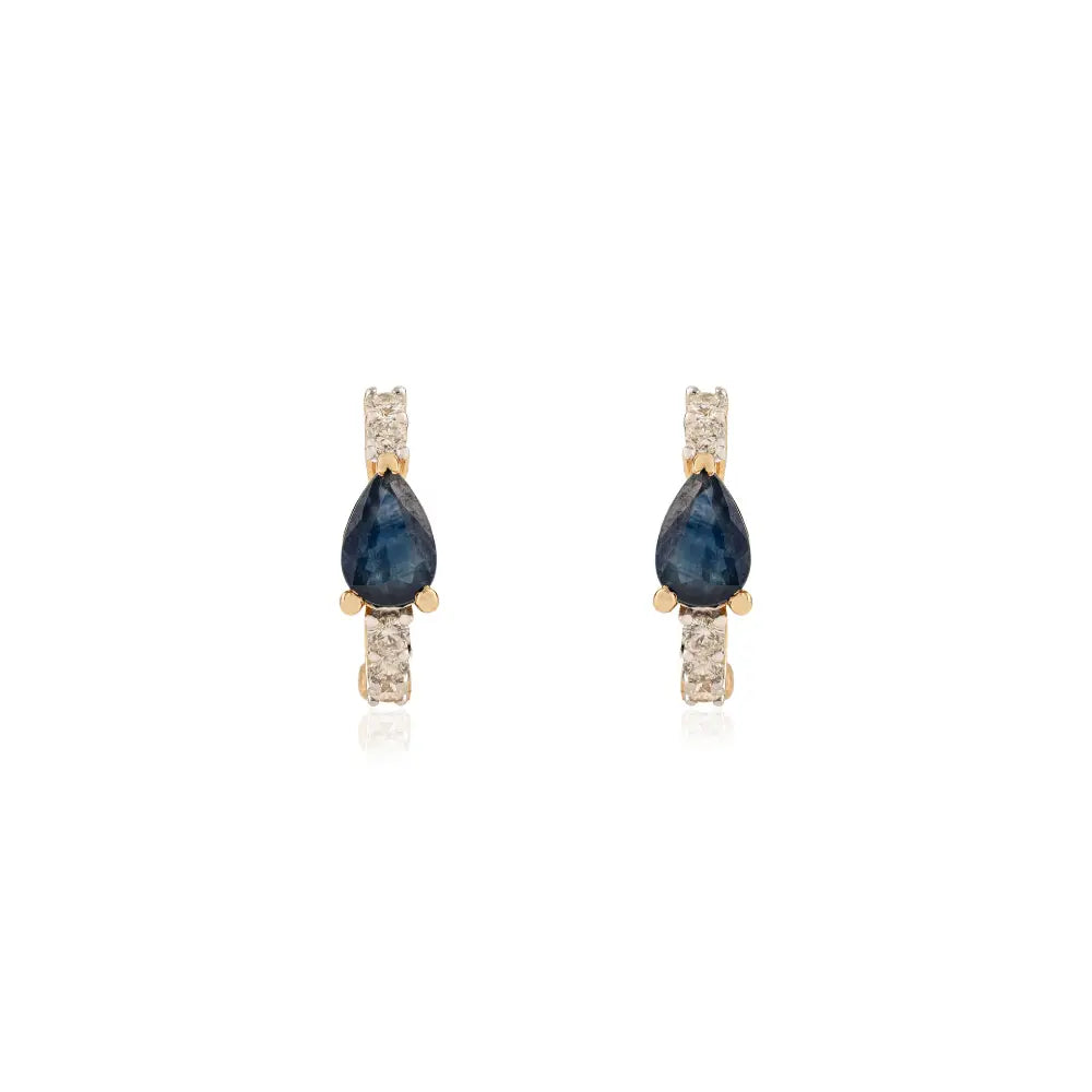 4X6 mm Pear Shape Blue Sapphire & Diamond K14 Yellow Gold Minimal Hoop Earrings