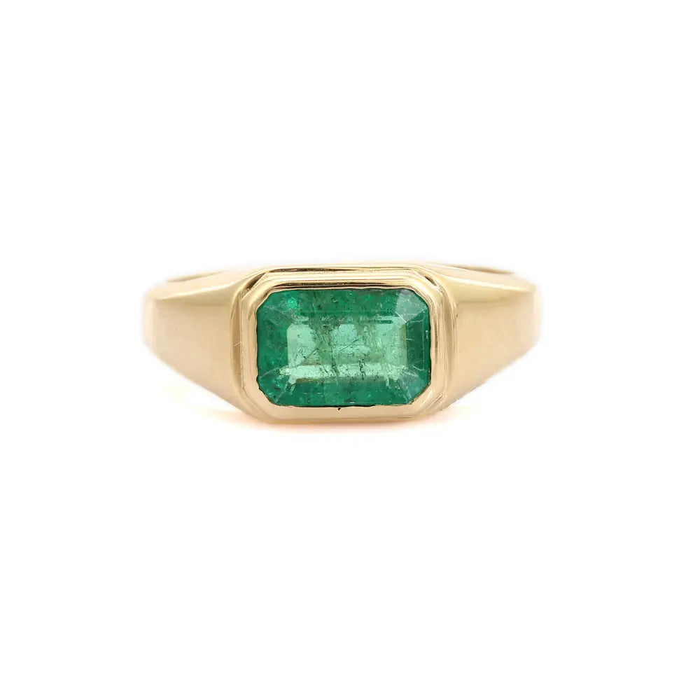 Bezel Set Zambian Emerald Trending East West Signet Ring 14K Real Yellow Gold Fine Jewelry